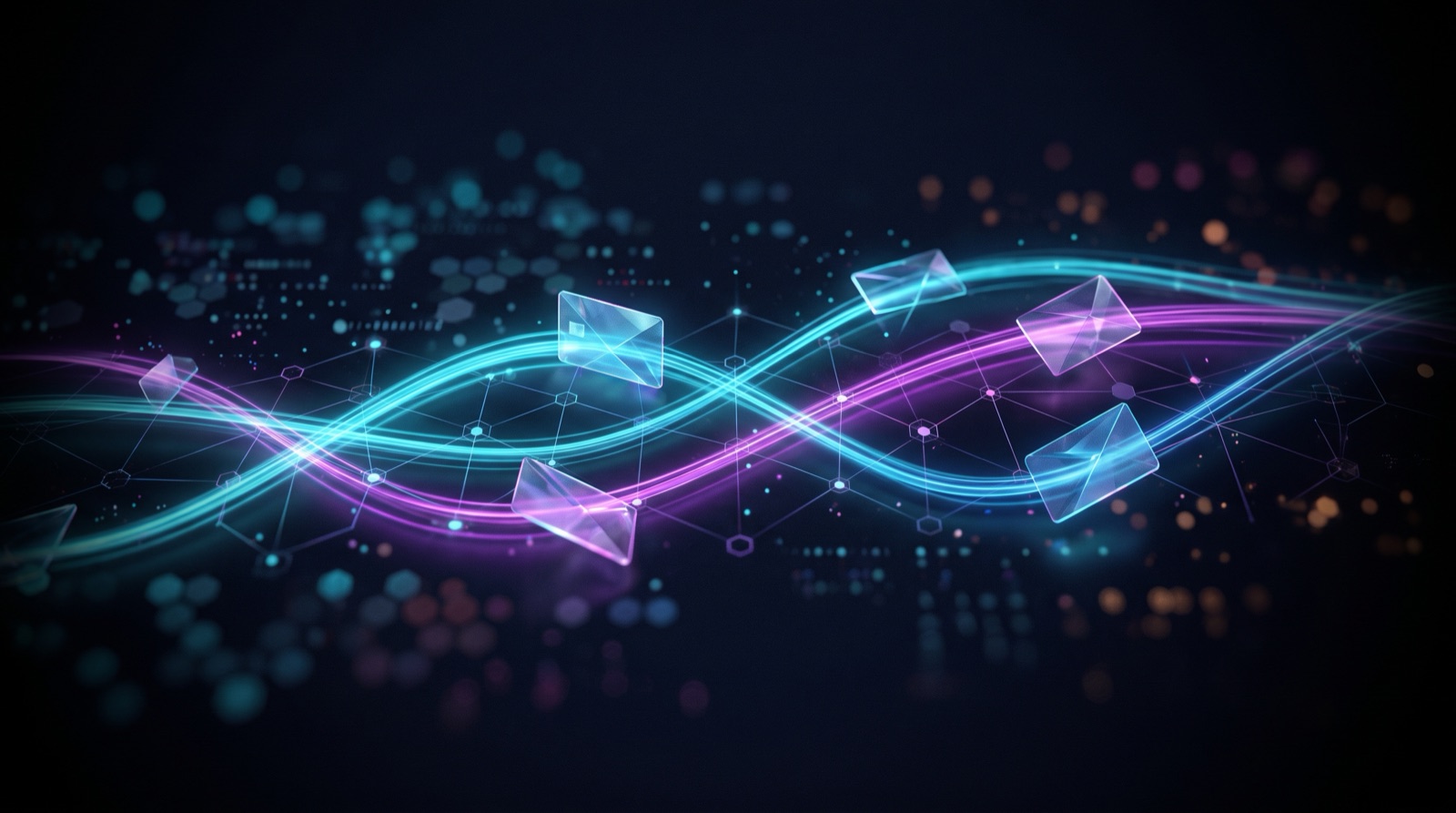 Payments flowing through a print workflow — abstract cyan and violet light streams carrying payment cards across a network field